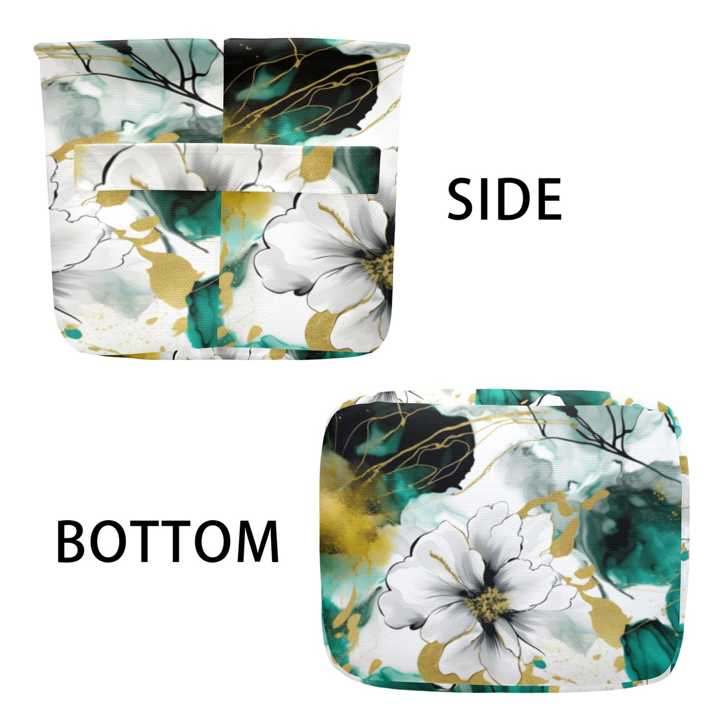 Green and White Ink Floral Fabric Storage Basket