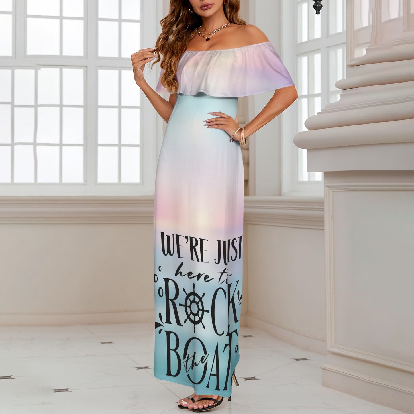 rock the boat Women's Off Shoulder Ruffle Boat Neck Dress (Model D71)