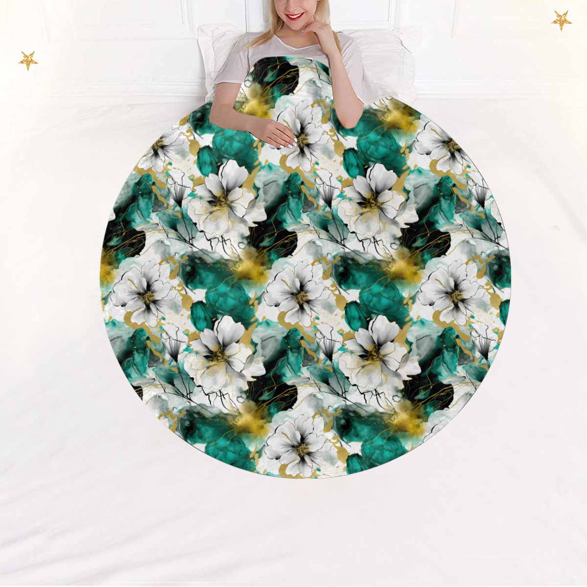 Green and White Ink Floral  Circular Micro Fleece Blanket 60"