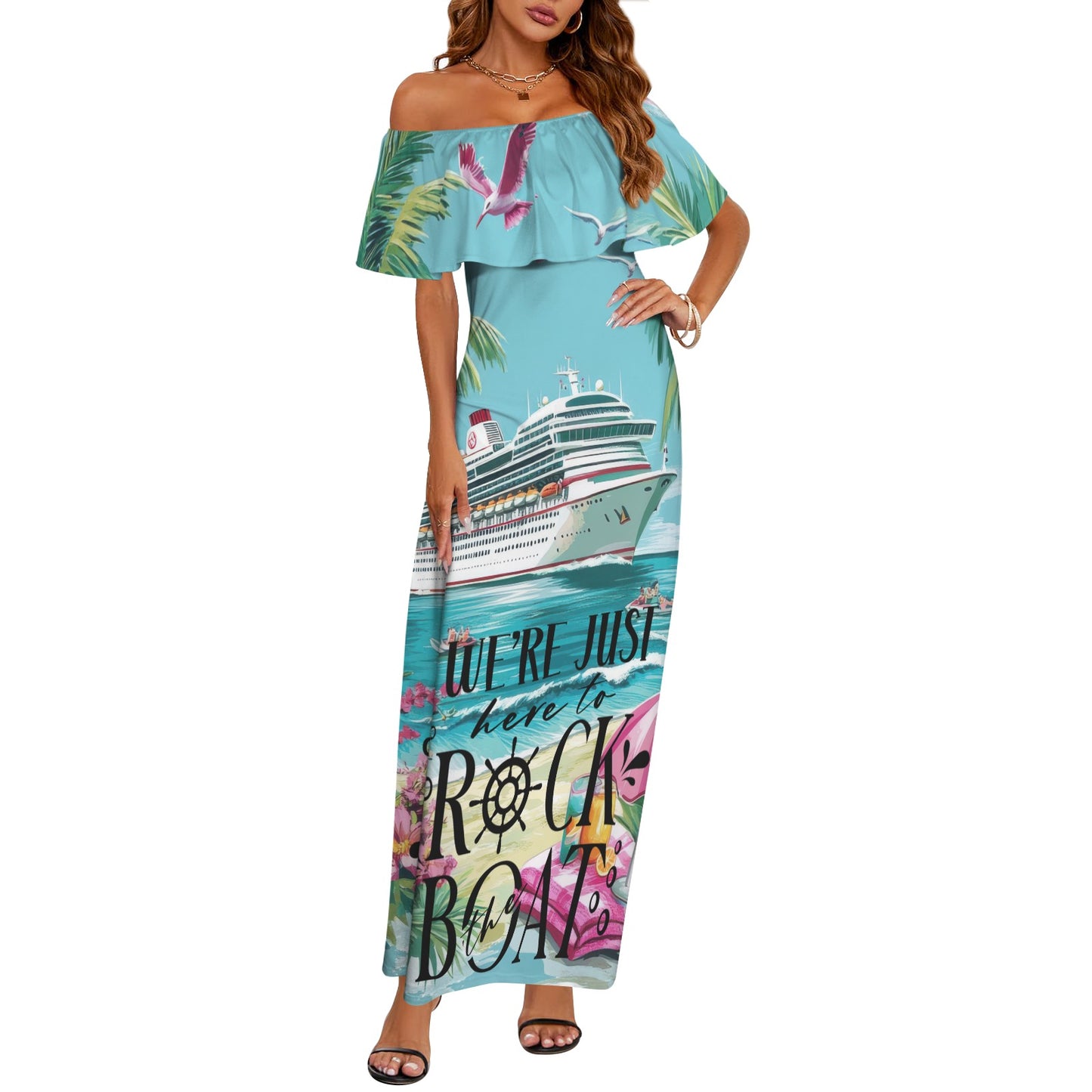 rock the boat Women's Off Shoulder Ruffle Boat Neck Dress (Model D71)