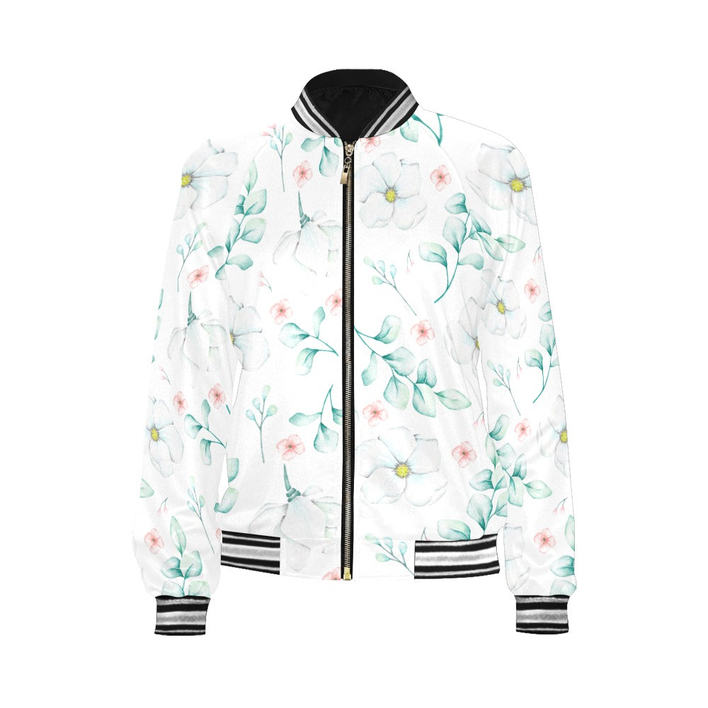 Eucalyptus pattern Pink and white flowers Bomber Jacket for Women