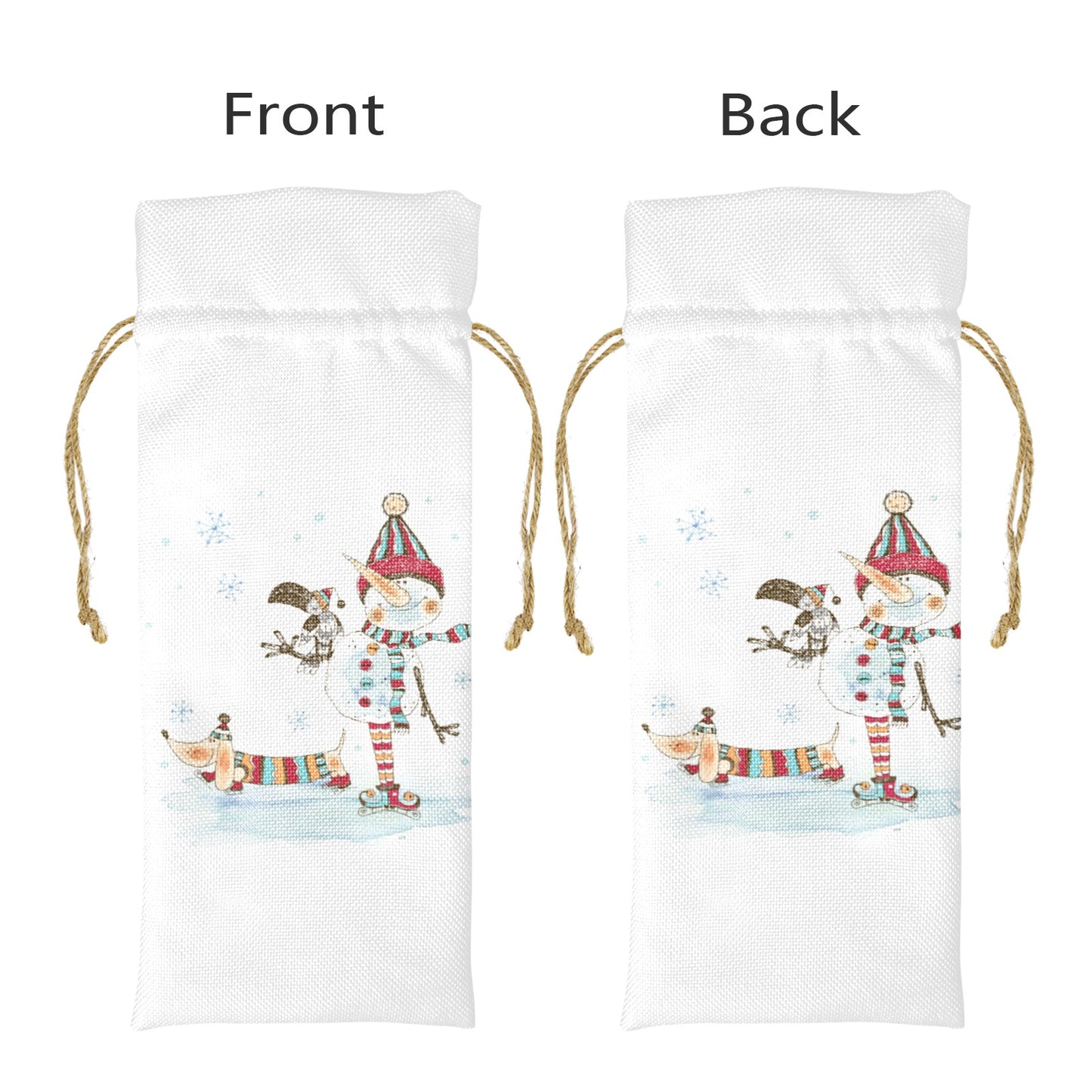 Whimsical Snowman and Dashund Linen Wine Bottle Bag