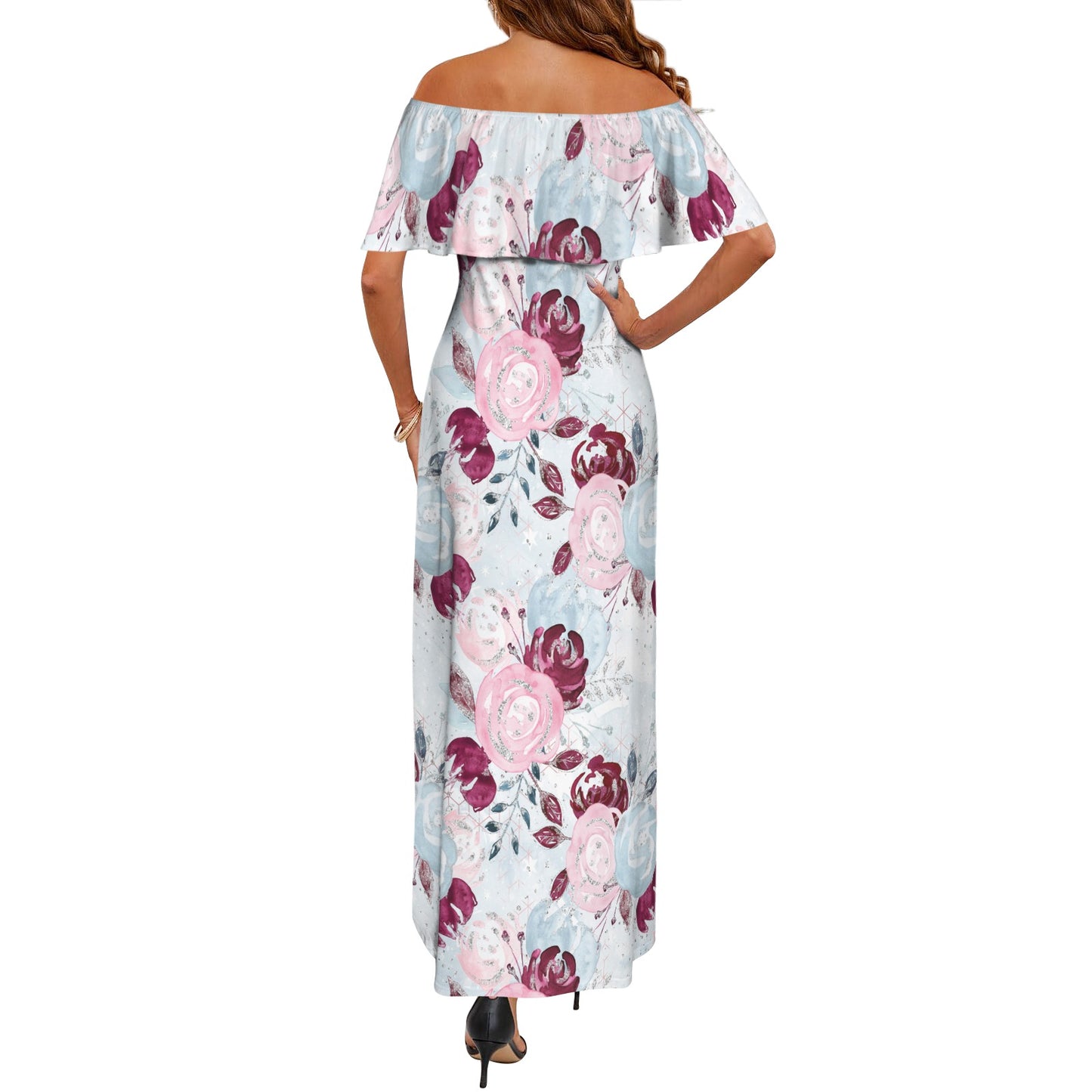 Roses Pink Blue Women's Off Shoulder Ruffle Boat Neck Dress (Model D71)