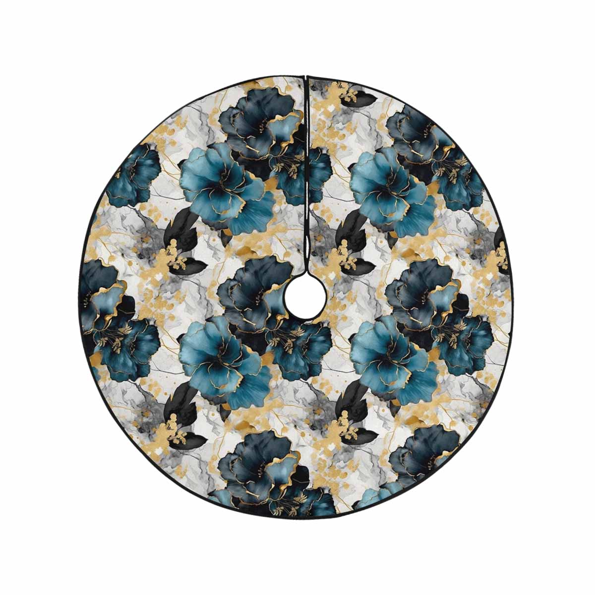 Blue & Gold Ink Floral  Christmas Tree Skirt