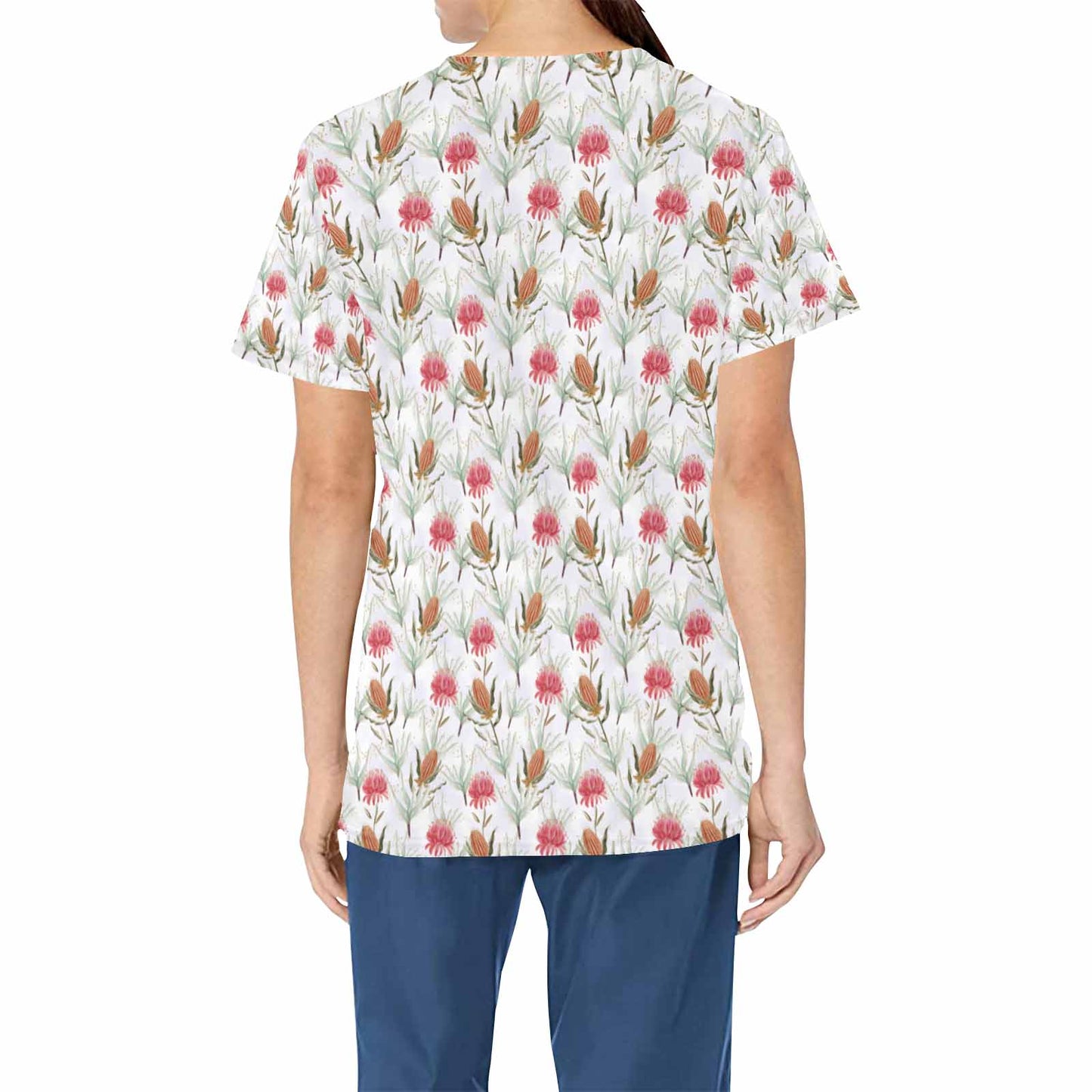 Australian Floral Protea Women's V Neck Scrub Top Nurse Uniform with Deep Front Pockets