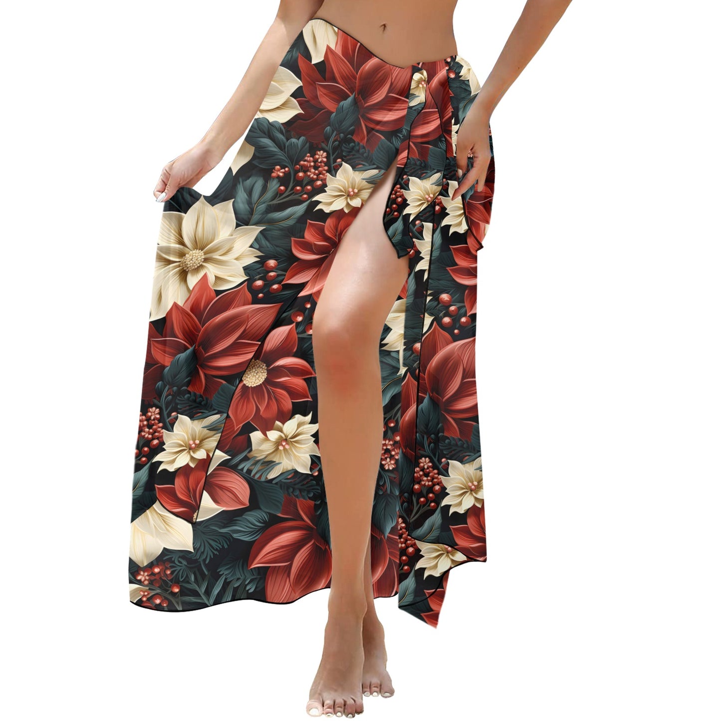 Red Poinsettia Long Beach Sarong Wrap