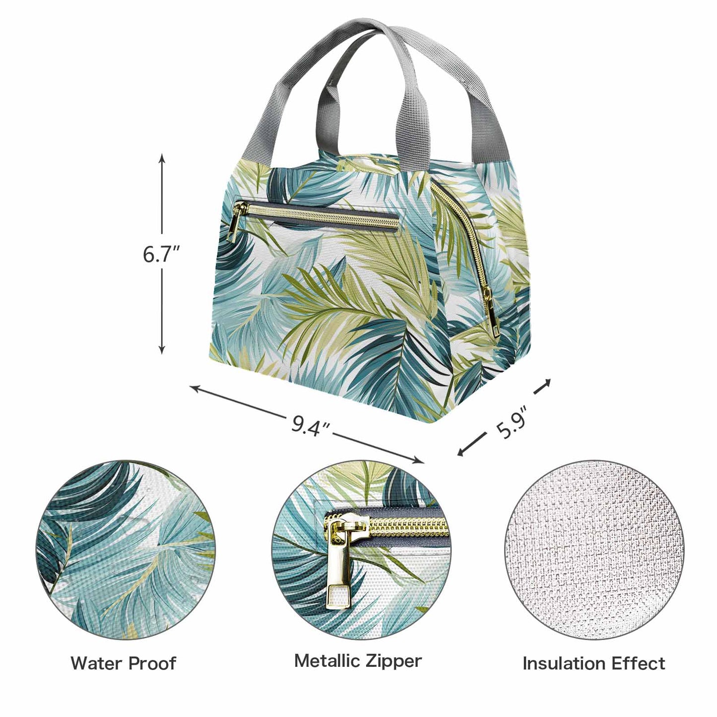 Palm Leaves Blue Green  Portable Lunch Bag-Grey Handle