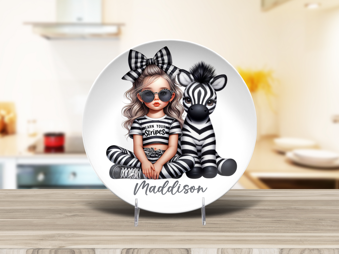 Personalised Girl with Bunny, Cow, Monkey, Penguin, Puppy, Racoon, Swan, Teddy Bear, Zebra Plates