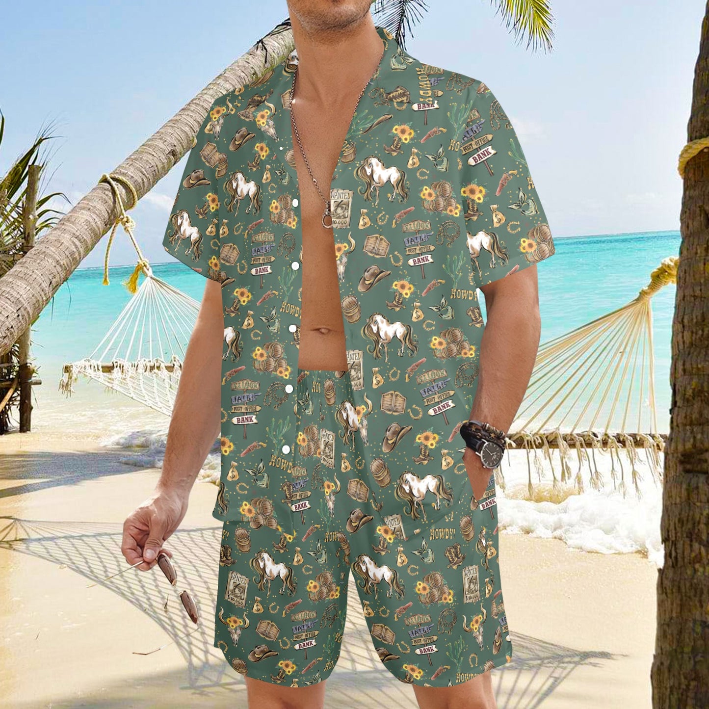 Men's Shirt & Shorts Set Howdy Green Men's Shirt and Shorts Outfit (Set26)