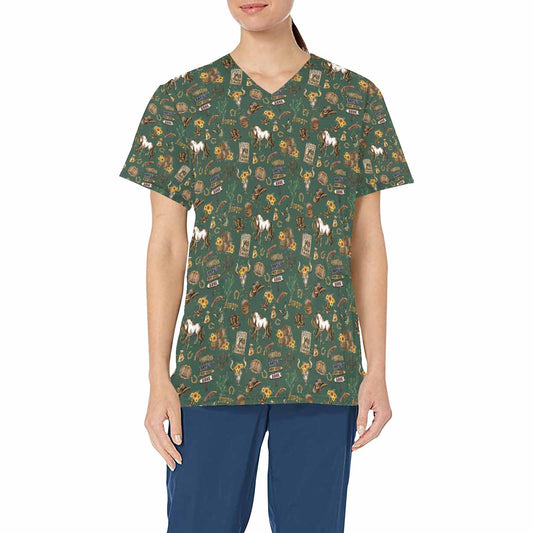 Country and Western Green  Women's V Neck Scrub Top Nurse Uniform with Deep Front Pockets