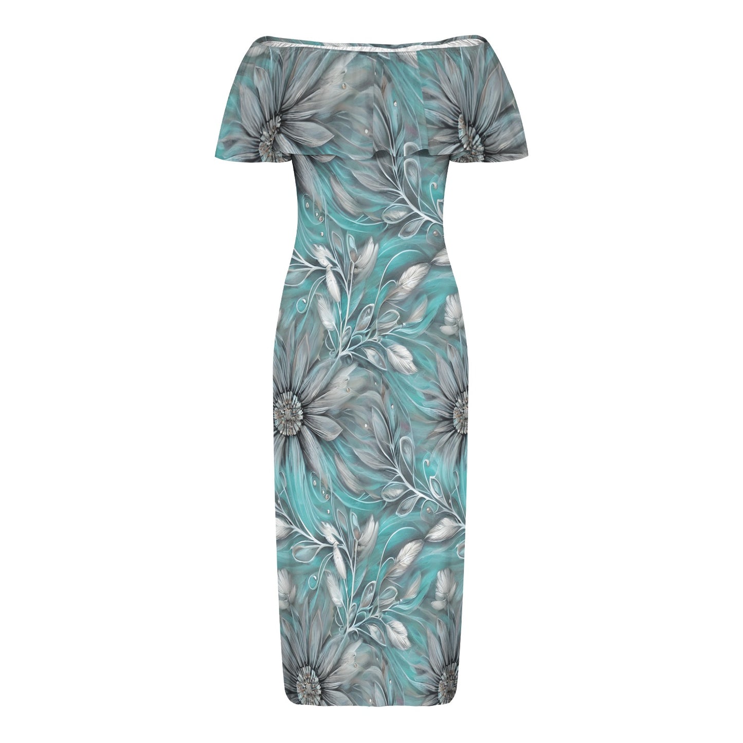 Green Elegant Large Print Floral Women's Off Shoulder Ruffle Boat Neck Dress (Model D71)