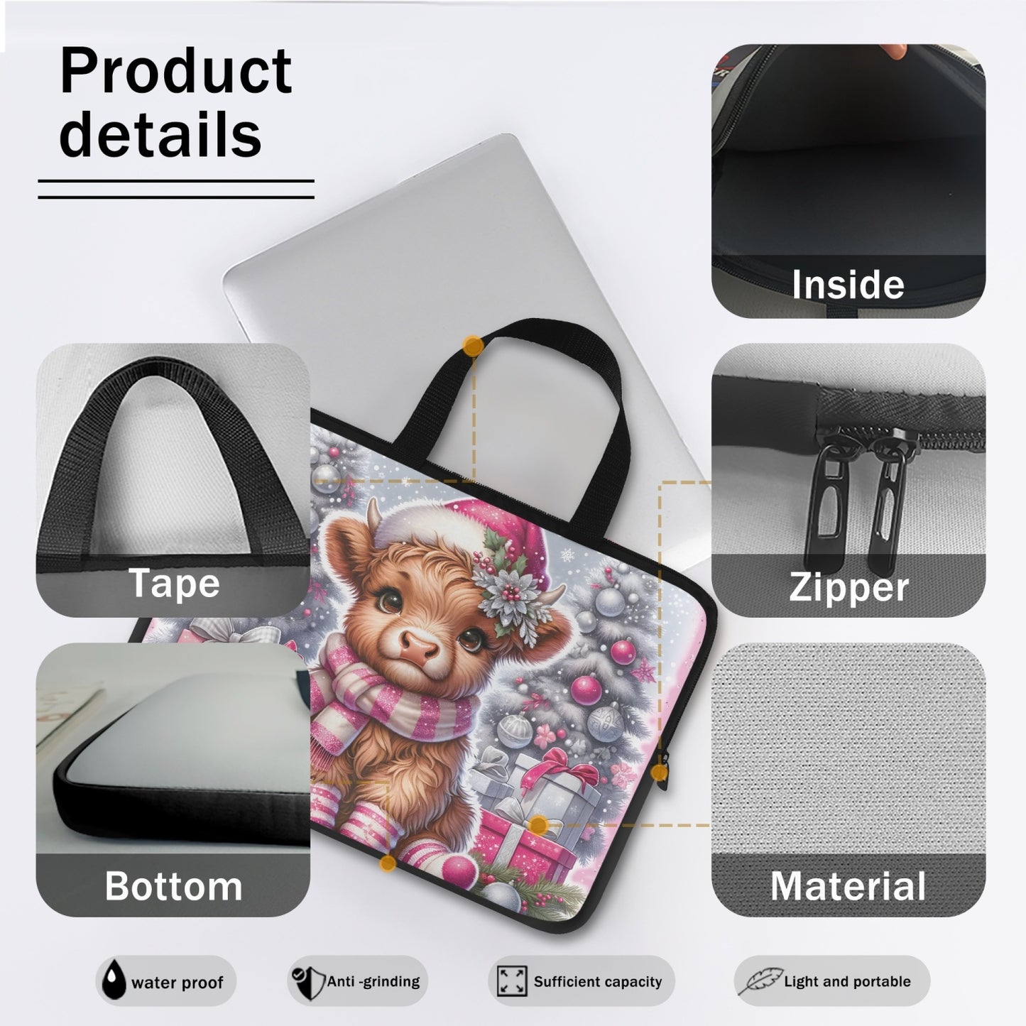 Laptop Sleeve with Handles - Christmas - Highland Cow