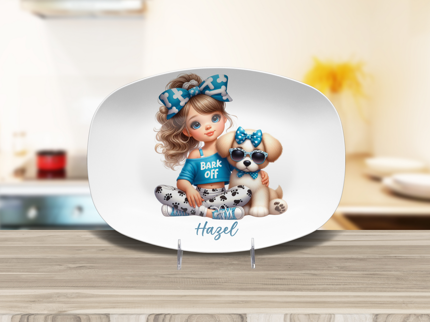 Personalised Girl with Bunny, Cow, Monkey, Penguin, Puppy, Racoon, Swan, Teddy Bear, Zebra Plates