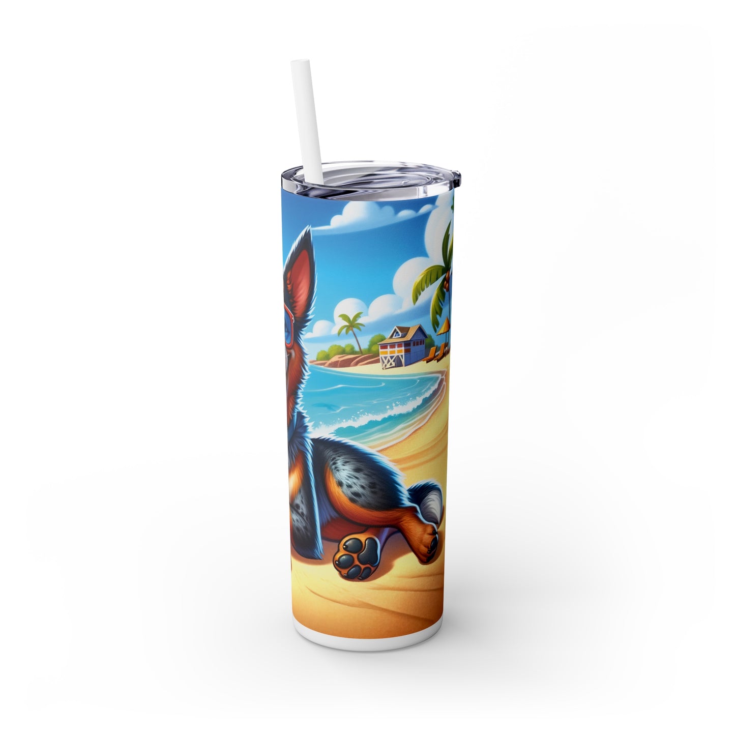 Skinny Tumbler with Straw, 20oz, Dog on Beach, Australian Cattle Dog, awd-1114