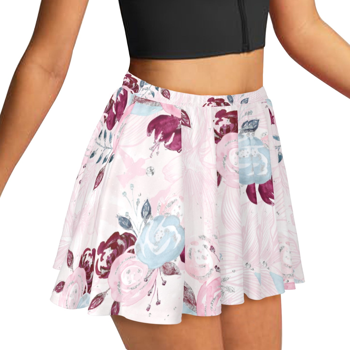 Skater Skirt Roses Blue and Pink Skater Skirt (Model D69)