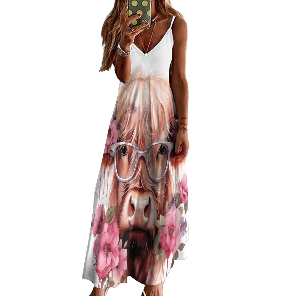 Highland Cow Spaghetti Strap Ankle-Length Dress Long dress