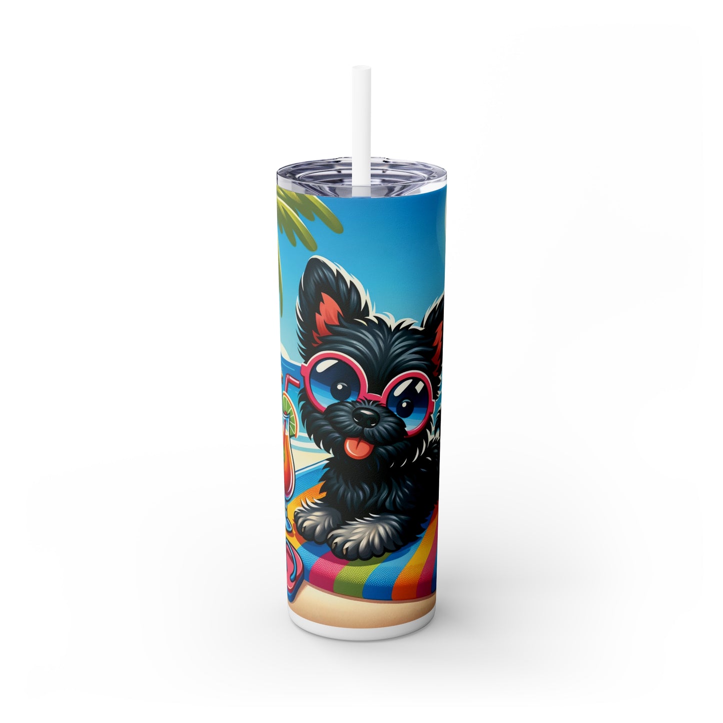 Skinny Tumbler with Straw, 20oz, Dog on Beach, Affenpinscher, awd-1174