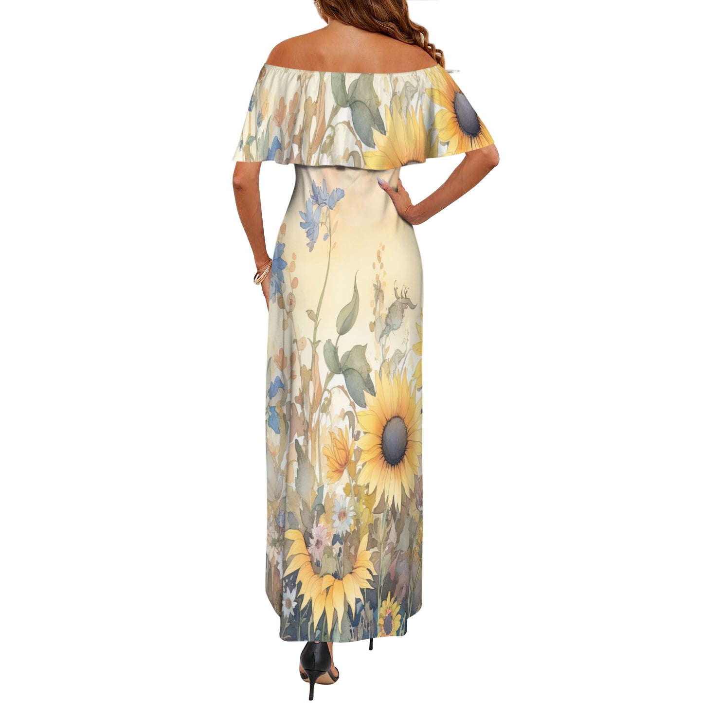 Sunflowers awd343 Women's Off Shoulder Ruffle Boat Neck Dress (Model D71)
