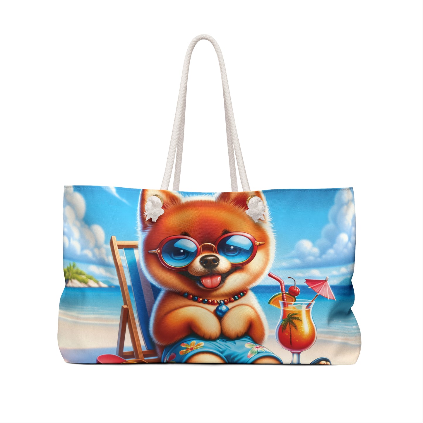 Personalised/Non-Personalised Weekender Bag, Summer Beach Dog, Pomeranian, Large Weekender Bag, Beach Bag, Book Bag