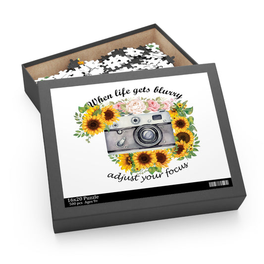 Personalised/Non-Personalised Puzzle, Sunflowers, Camera, When life gets blurry adjust the focus (120, 252, 500-Piece)