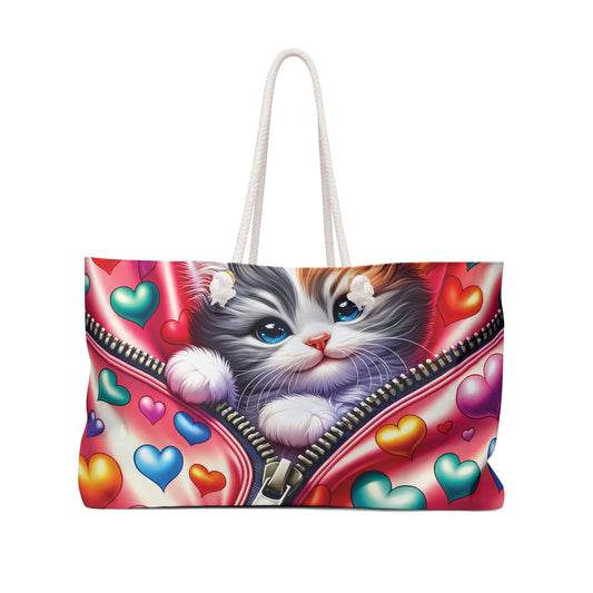 Personalised/Non-Personalised Weekender Bag, Cute Cat, Valentines Day, Large Weekender Bag, Beach Bag, Book Bag