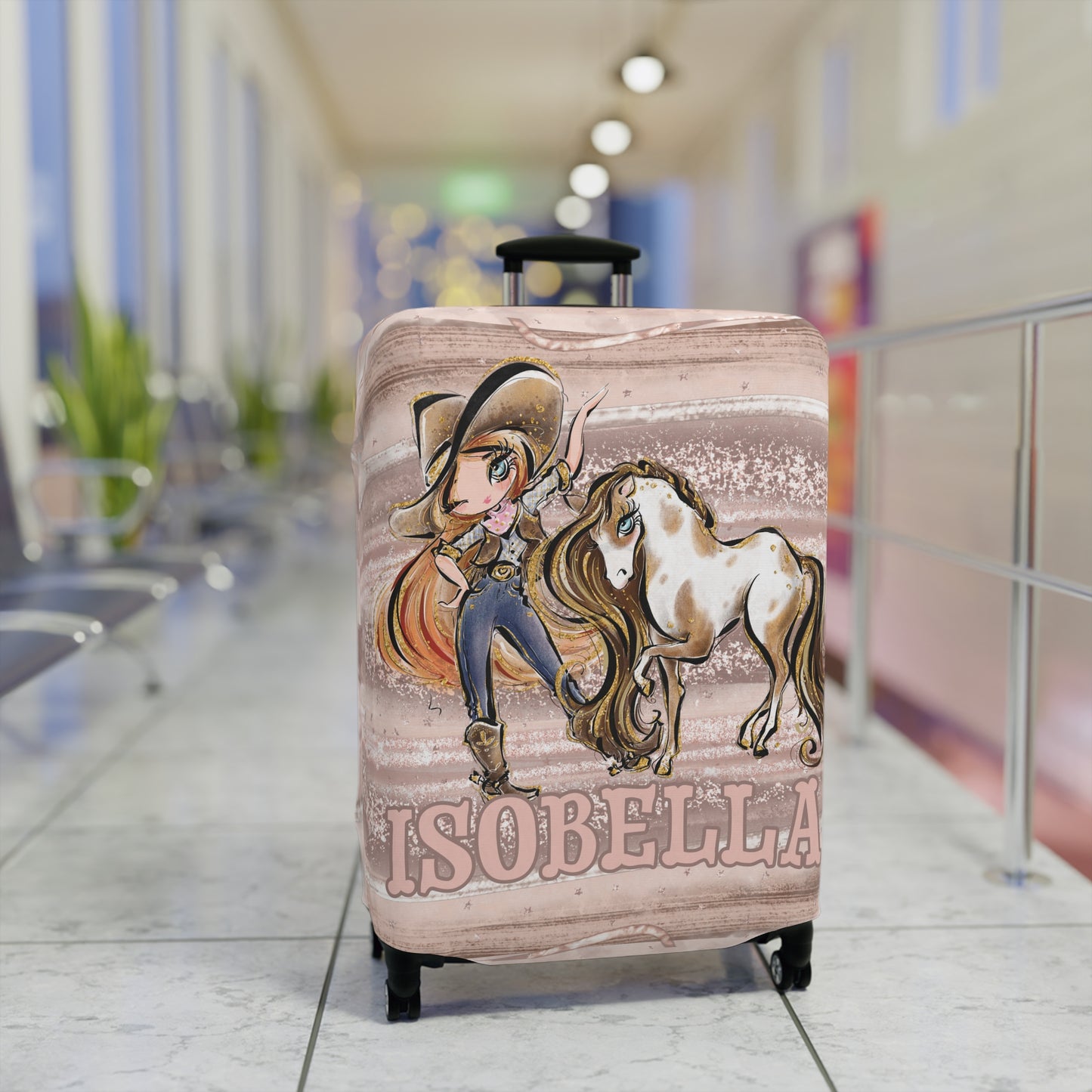 Luggage Cover, Howdy Cowgirl and Horse, Red Hair Blue Eyes