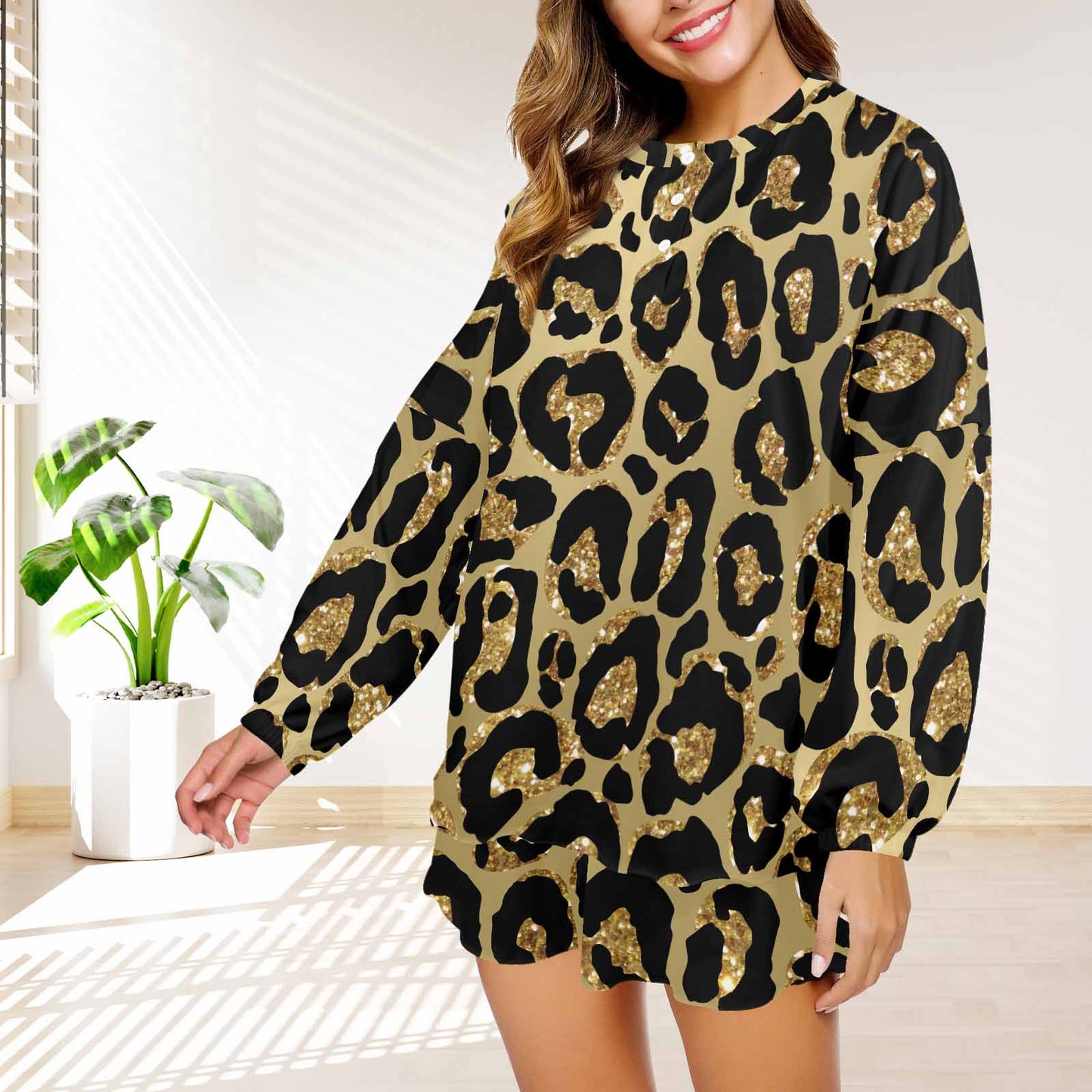 Animal print 4  Women's Long Sleeve Pajama Set with Shorts