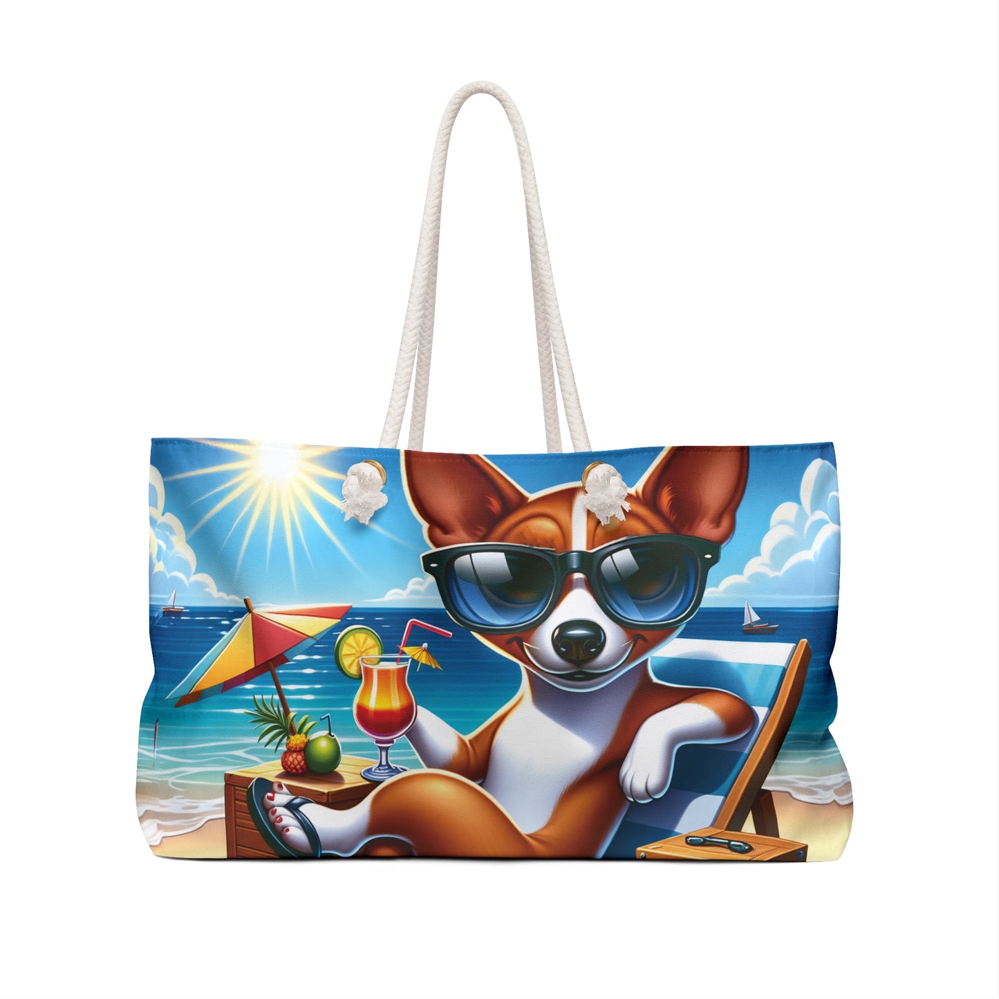 Personalised/Non-Personalised Weekender Bag, Summer Beach Dog, Basenji, Large Weekender Bag, Beach Bag, Book Bag