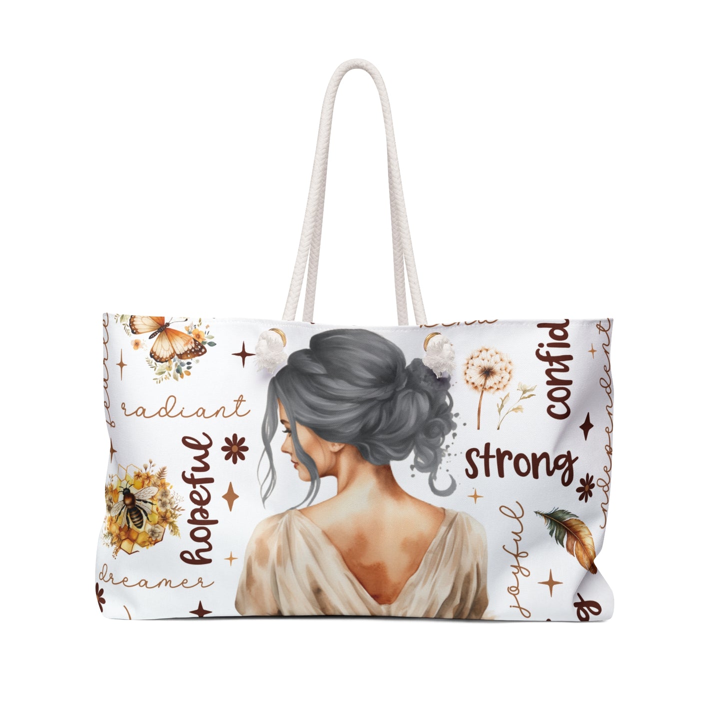 Personalised/Non-Personalised Weekender Bag, Lady Grey Hair, Affirmations, Large Weekender Bag, Beach Bag, Book Bag