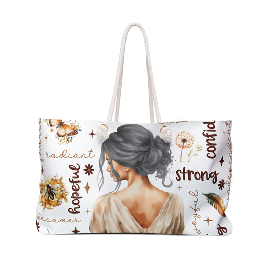 Personalised/Non-Personalised Weekender Bag, Lady Grey Hair, Affirmations, Large Weekender Bag, Beach Bag, Book Bag