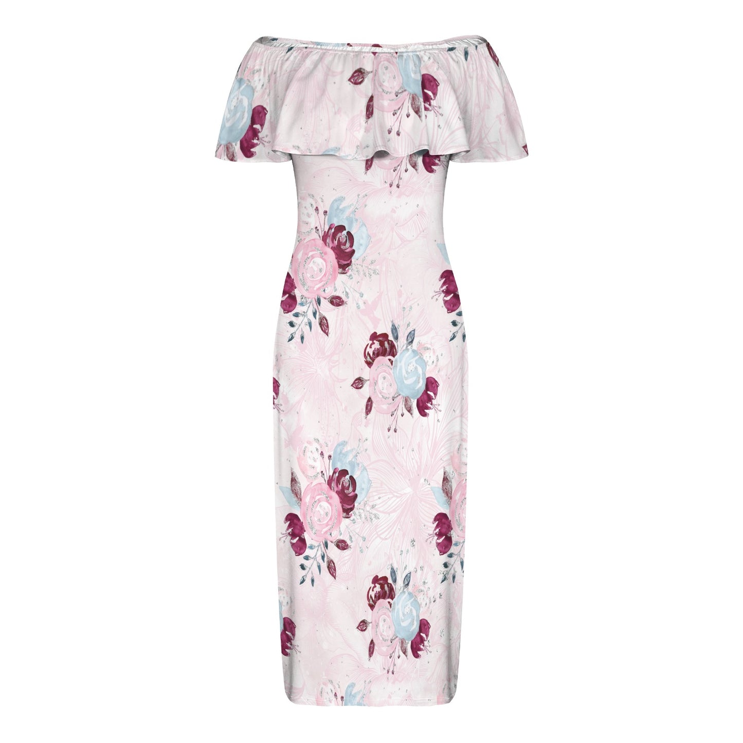 Roses Women's Off Shoulder Ruffle Boat Neck Dress (Model D71)