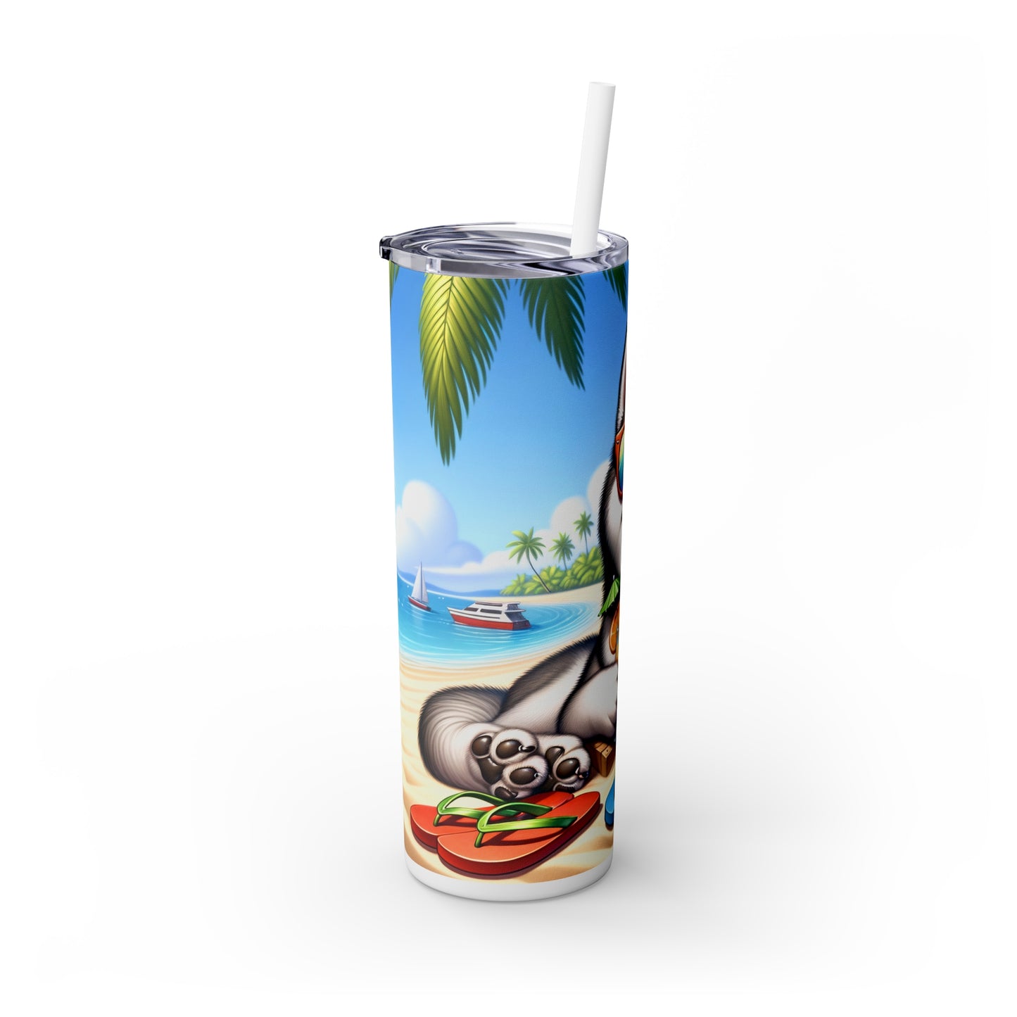 Skinny Tumbler with Straw, 20oz, Dog on Beach, Siberian Husky, awd-1244