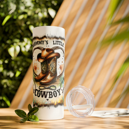 Skinny Tumbler with Straw, 20oz, Sunflowers, Western, Quote, Mommy's Little Cowboy