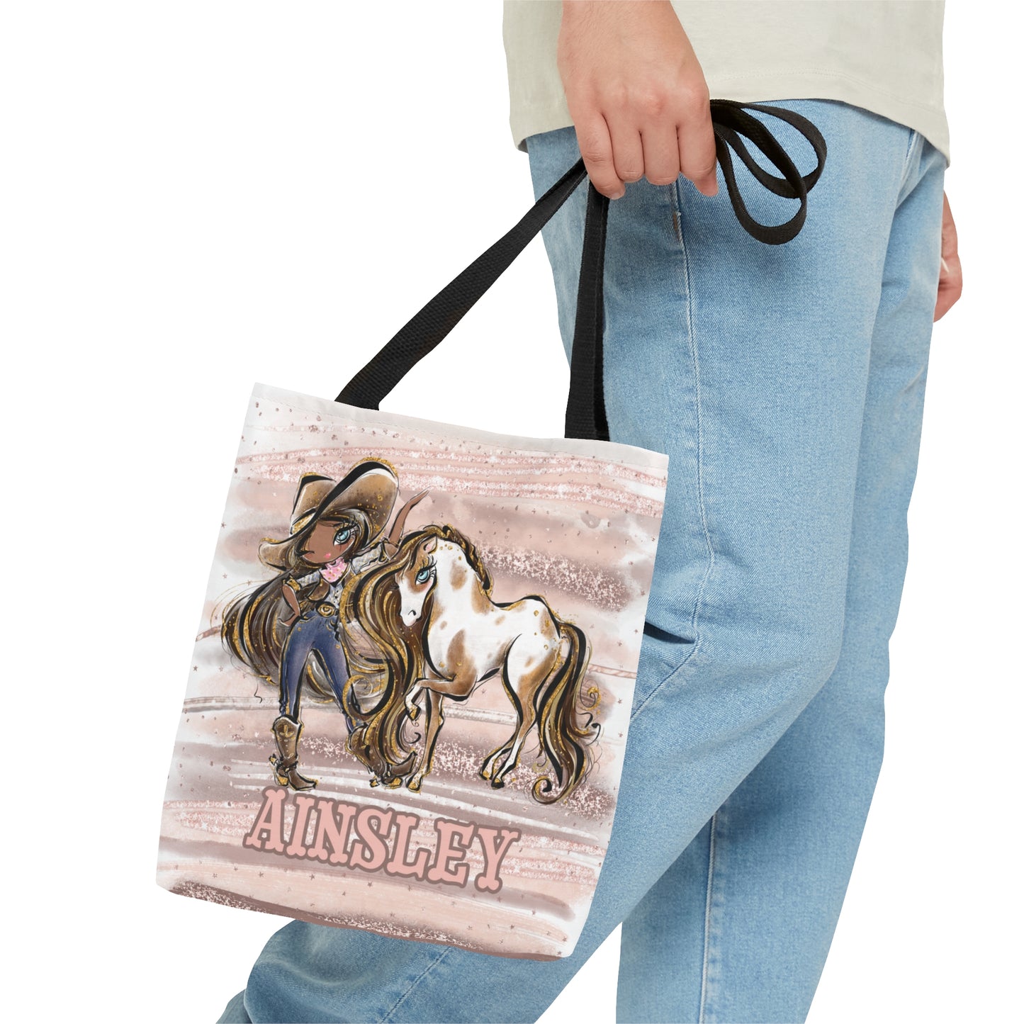 Personalised Tote Bag, Cowgirl & Horse, Brown Hair, Olive Skin, Blue Eyes, Tote bag