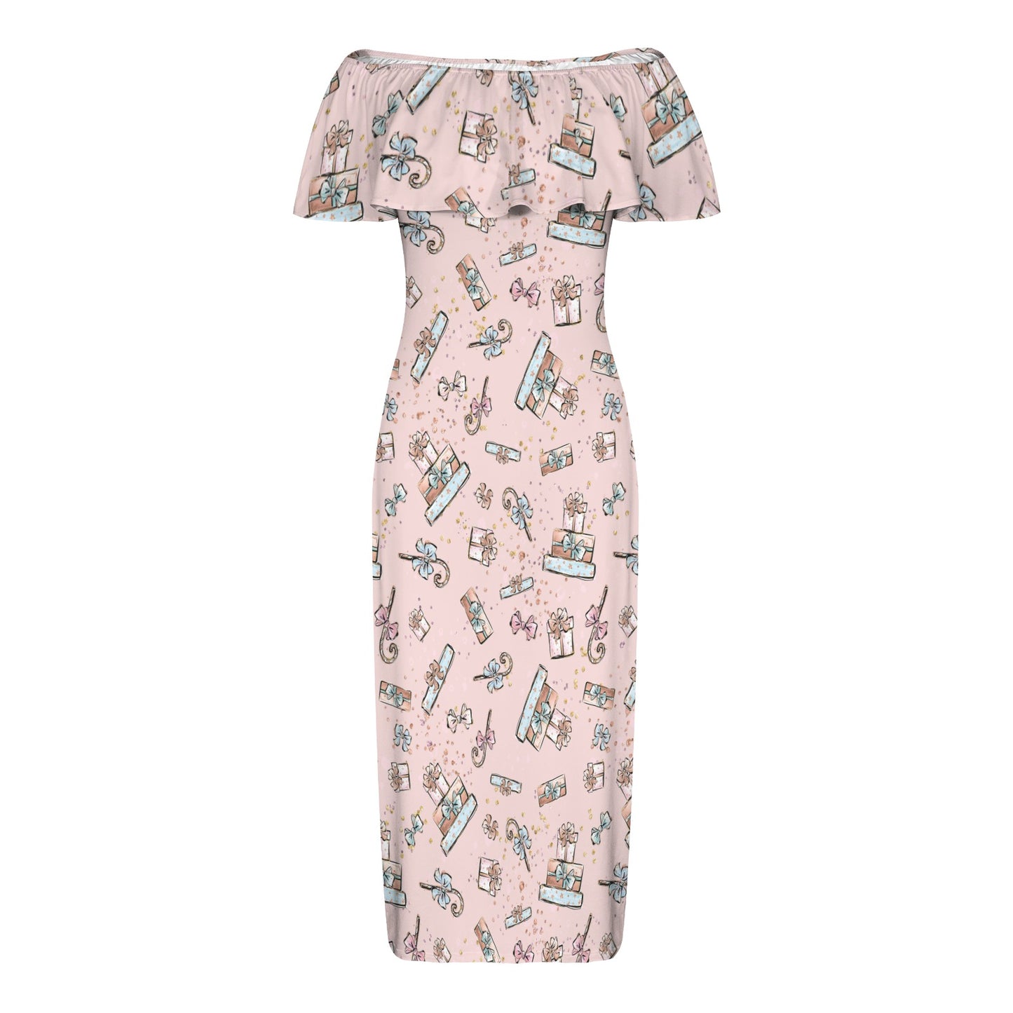 Pink Christmas Women's Off Shoulder Ruffle Boat Neck Dress (Model D71)