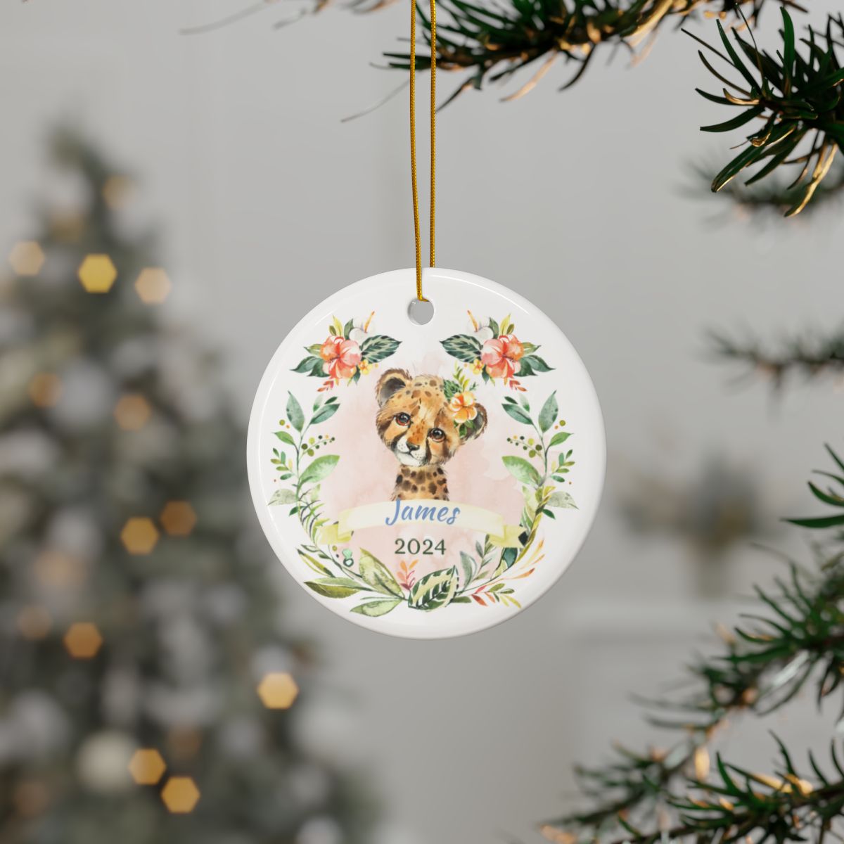 Pink Cheetah Christmas Ornament Personalised Ceramic Ornament