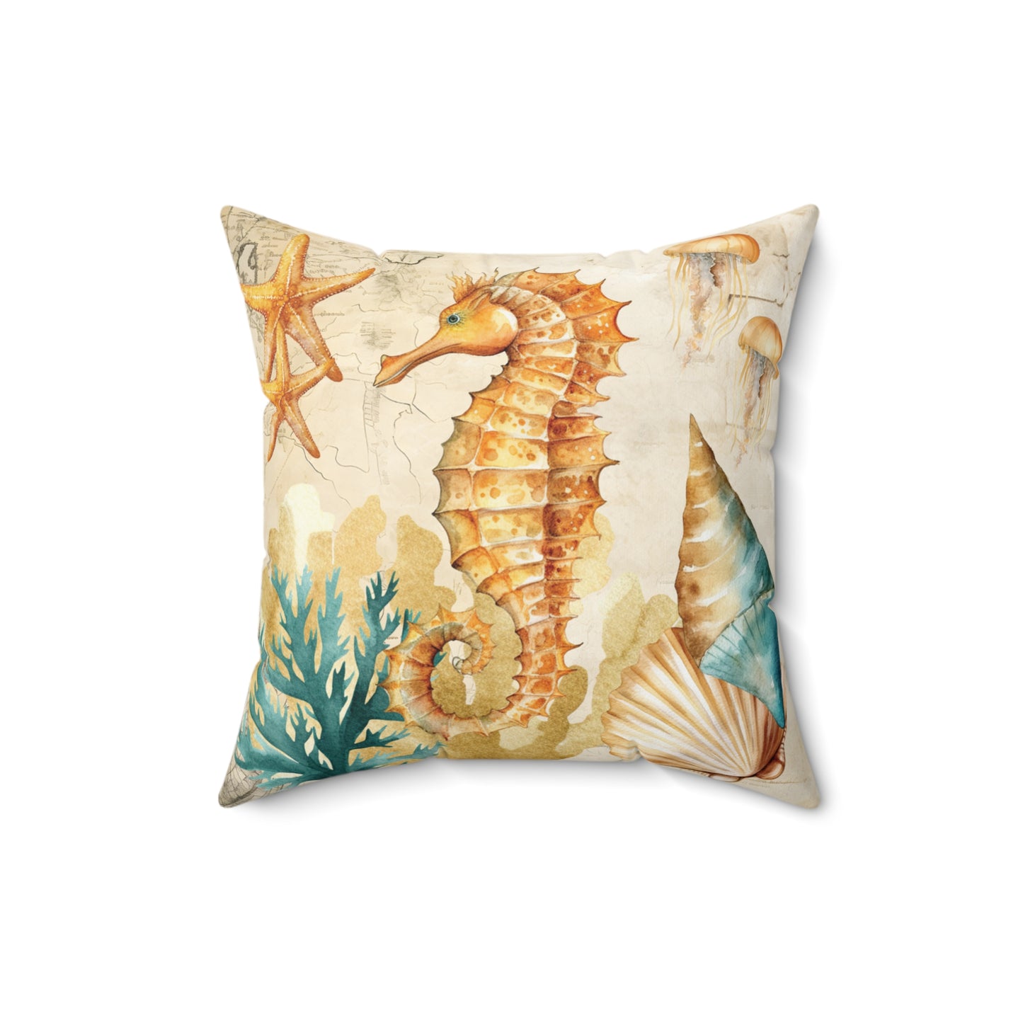 Nautical Polyester Square Cushion, Nautical cushion, Natural Seahorse