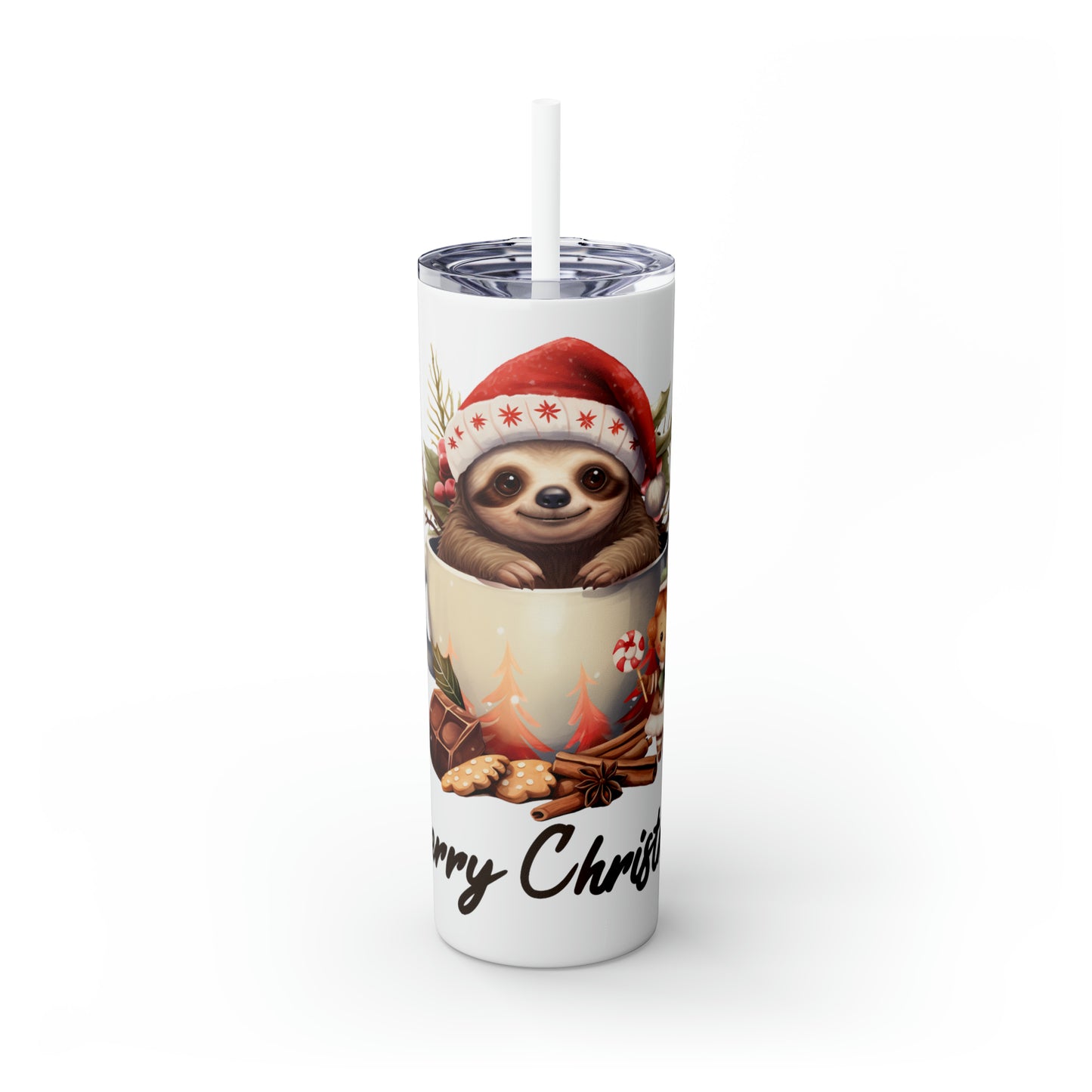 Skinny Tumbler with Straw, 20oz, Christmas, Sloth, awd-811