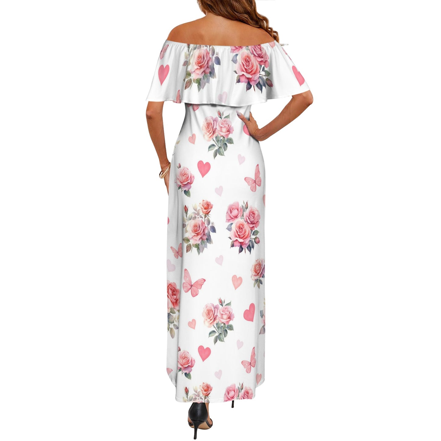 roses Women's Off Shoulder Ruffle Boat Neck Dress (Model D71)