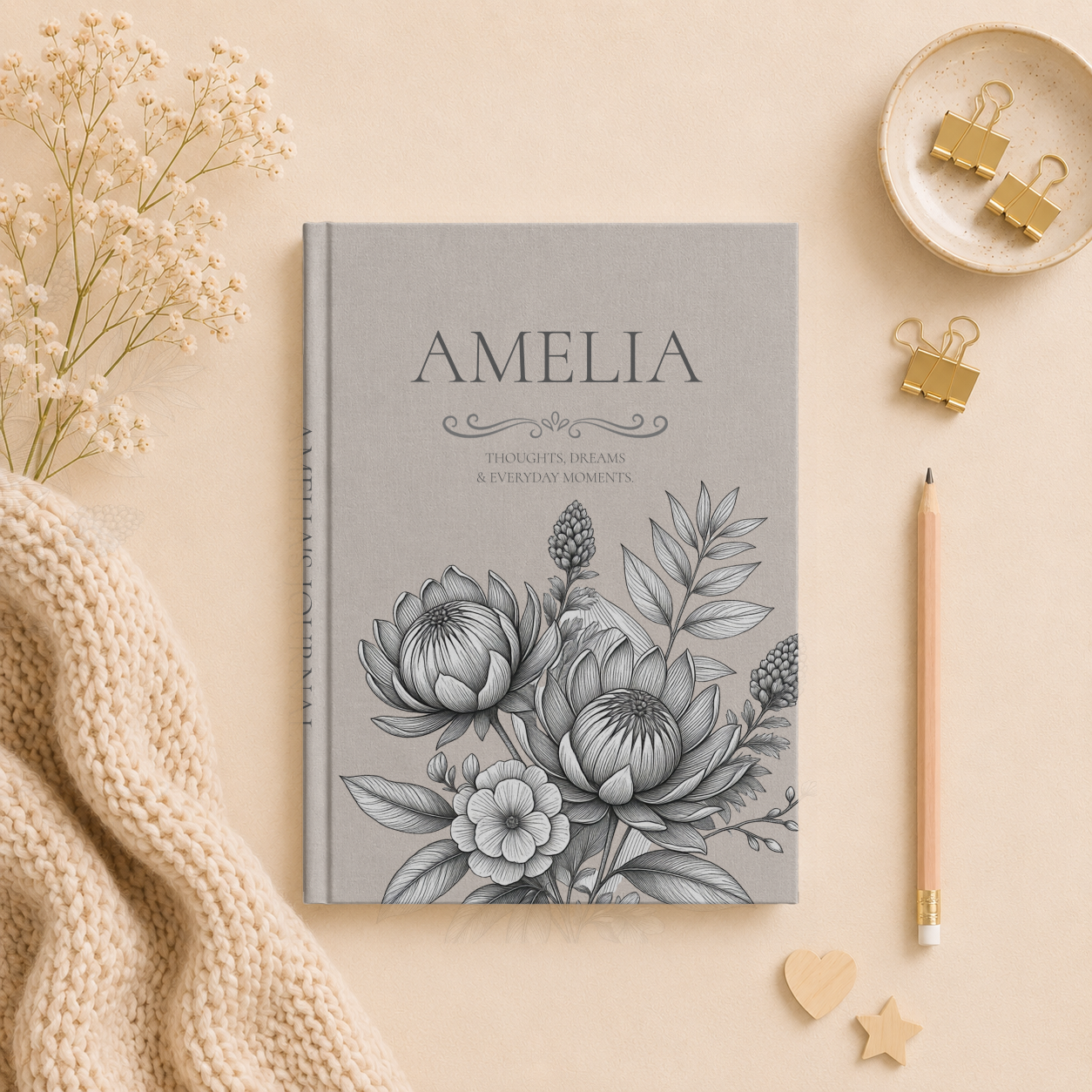 Personalized Linen-look Journal | Custom Hardcover Notebook | Australian Botanical Journal | Elegant Name Notebook
