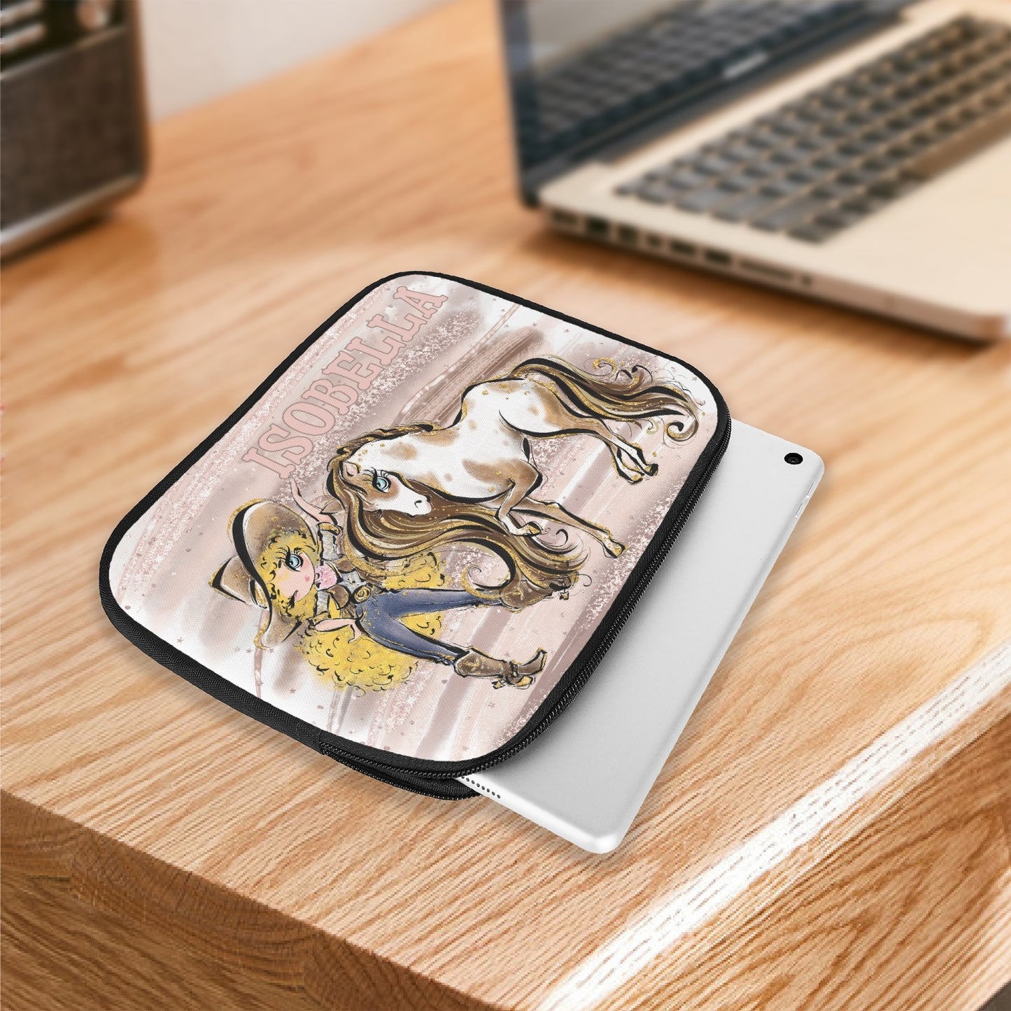 Tablet Sleeve - Howdy, Cowgirl and Horse, Blonde Curly Hair, Blue Eyes