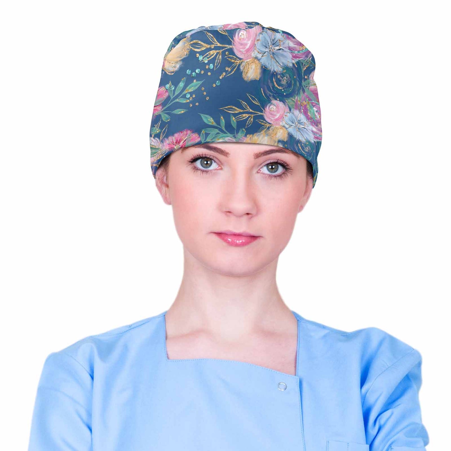 Nurse Scrub Cap Blue Roses Floral  Scrub Cap