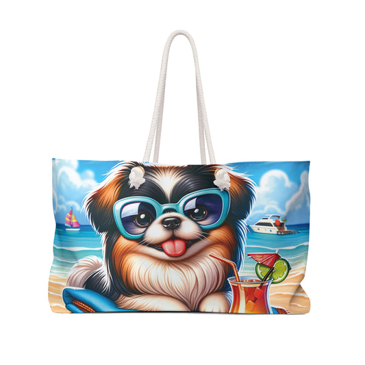 Personalised/Non-Personalised Weekender Bag, Summer Beach Dog, Pekinese, Large Weekender Bag, Beach Bag, Book Bag