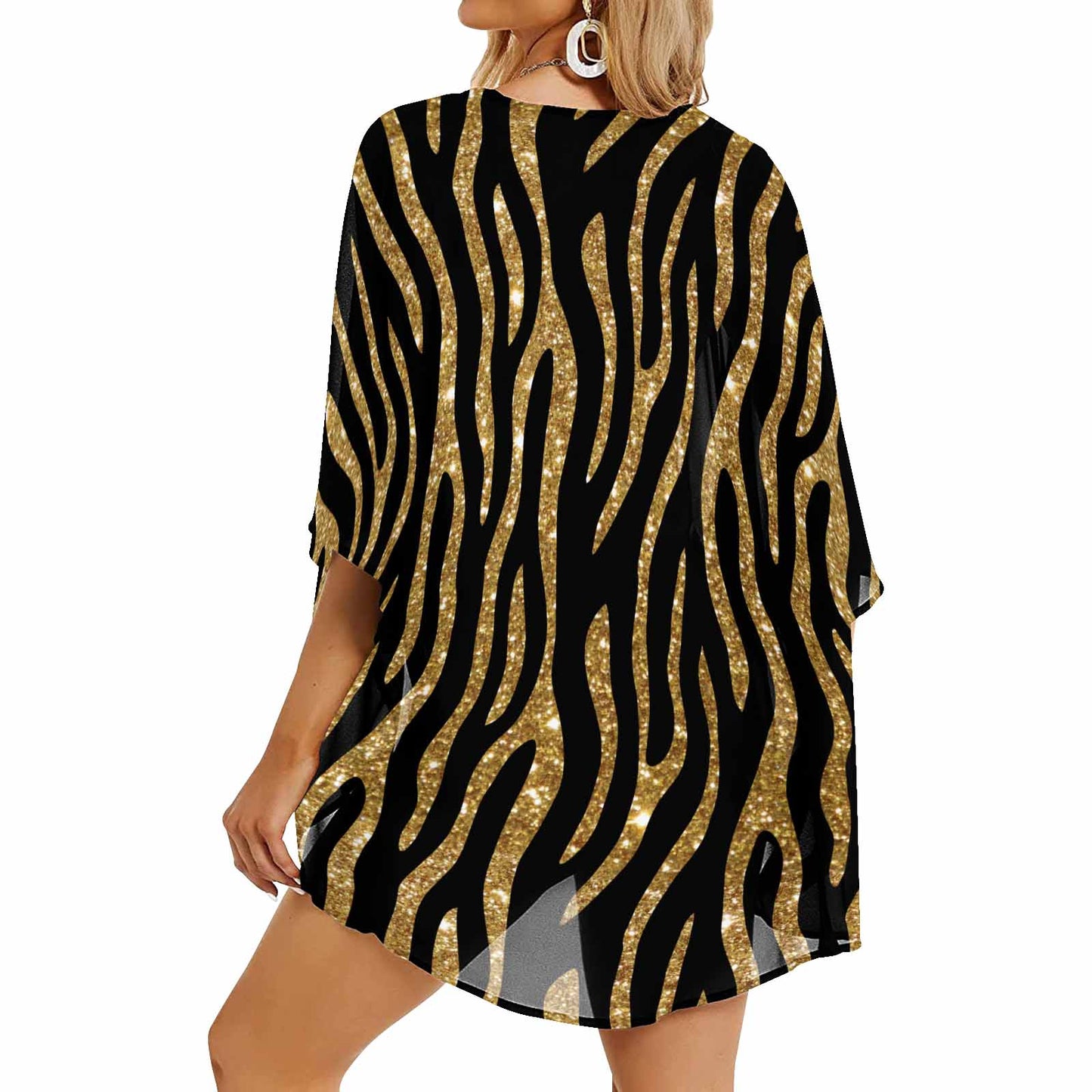 Black and Gold Glitter Look Leopard Print Women's Kimono Chiffon Cover Up