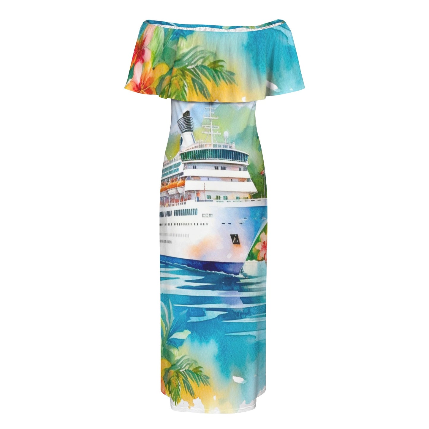 Just Cruisin Women's Off Shoulder Ruffle Boat Neck Dress (Model D71)
