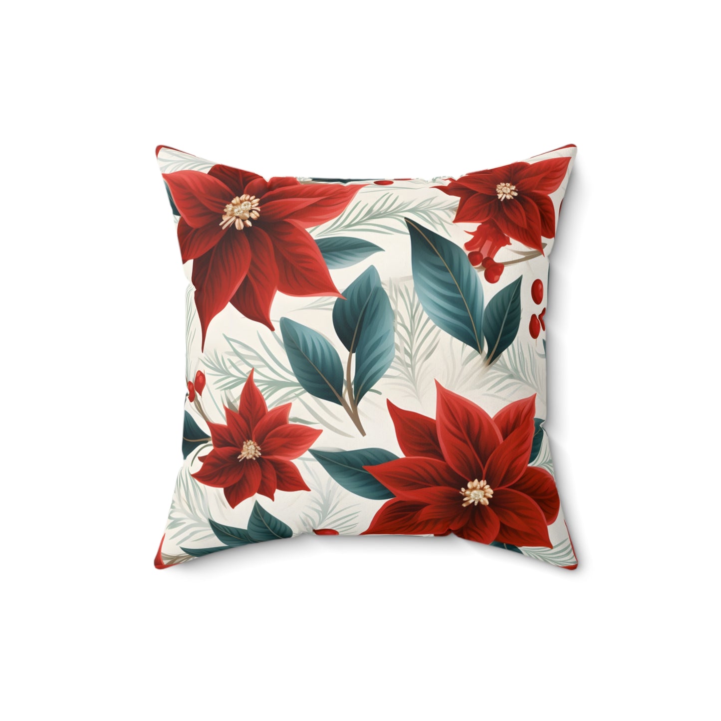 Spun Polyester Square Pillow, Red Poinsettia Floral Cushion