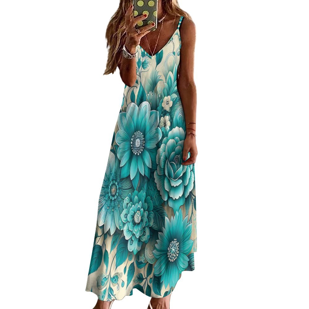 Vintage Green Floral Spaghetti Strap Ankle-Length Dress Long dress