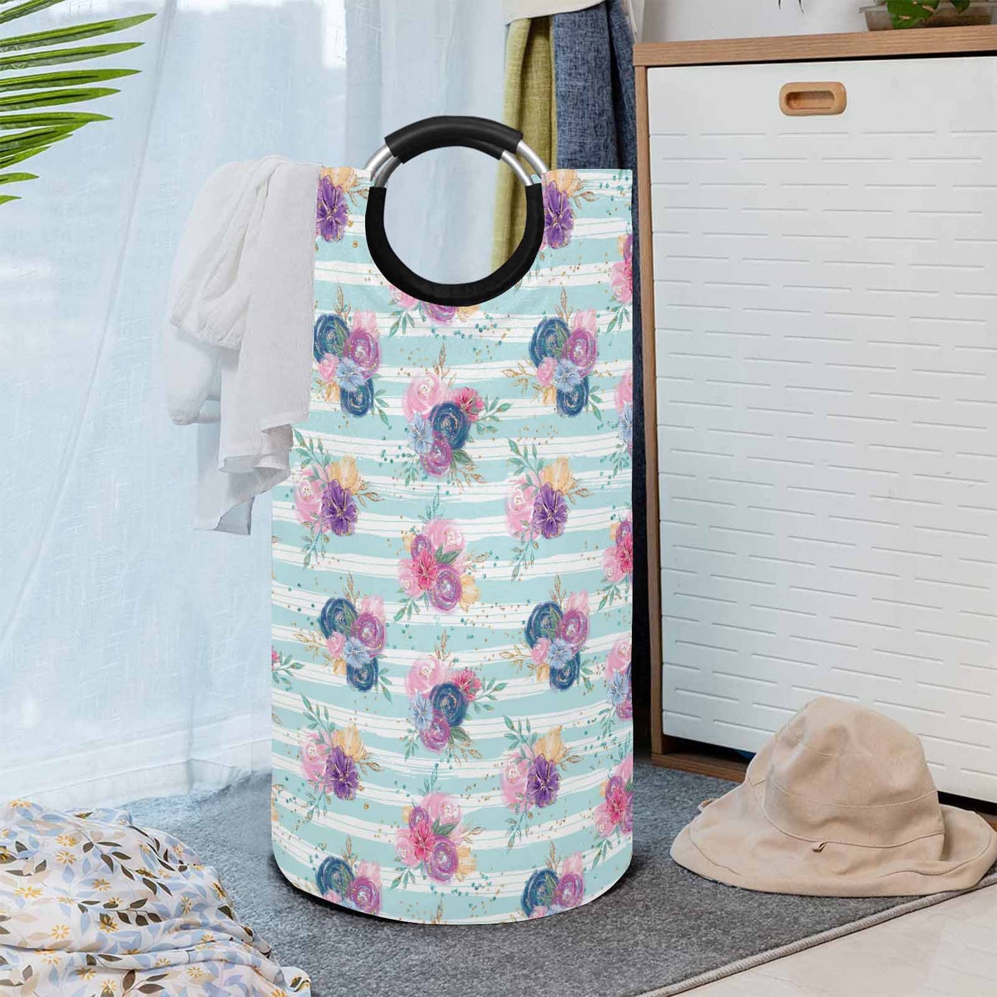 Purple and Pink floral Blue Stripes  Round Laundry Basket