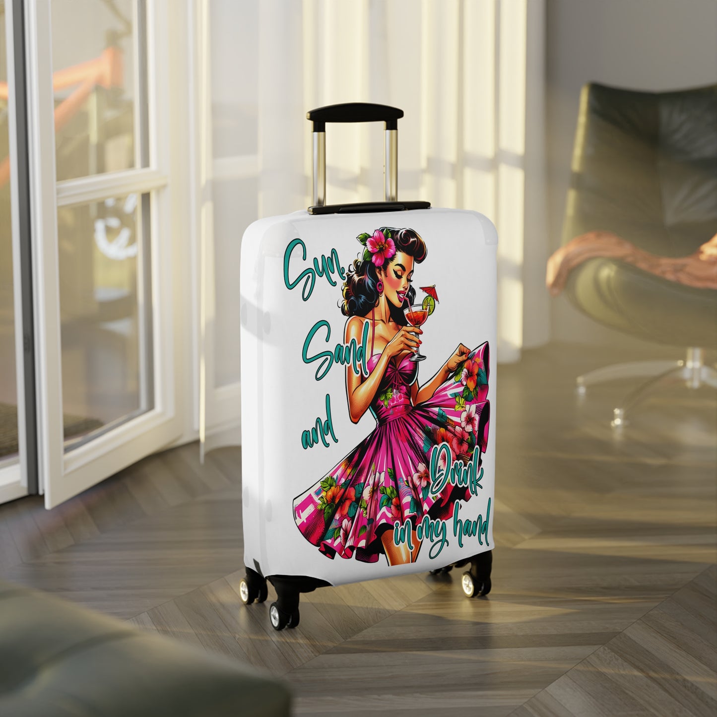 Luggage Cover, Retro Girl, Sun Sand and Drink in Hand, awd-3012