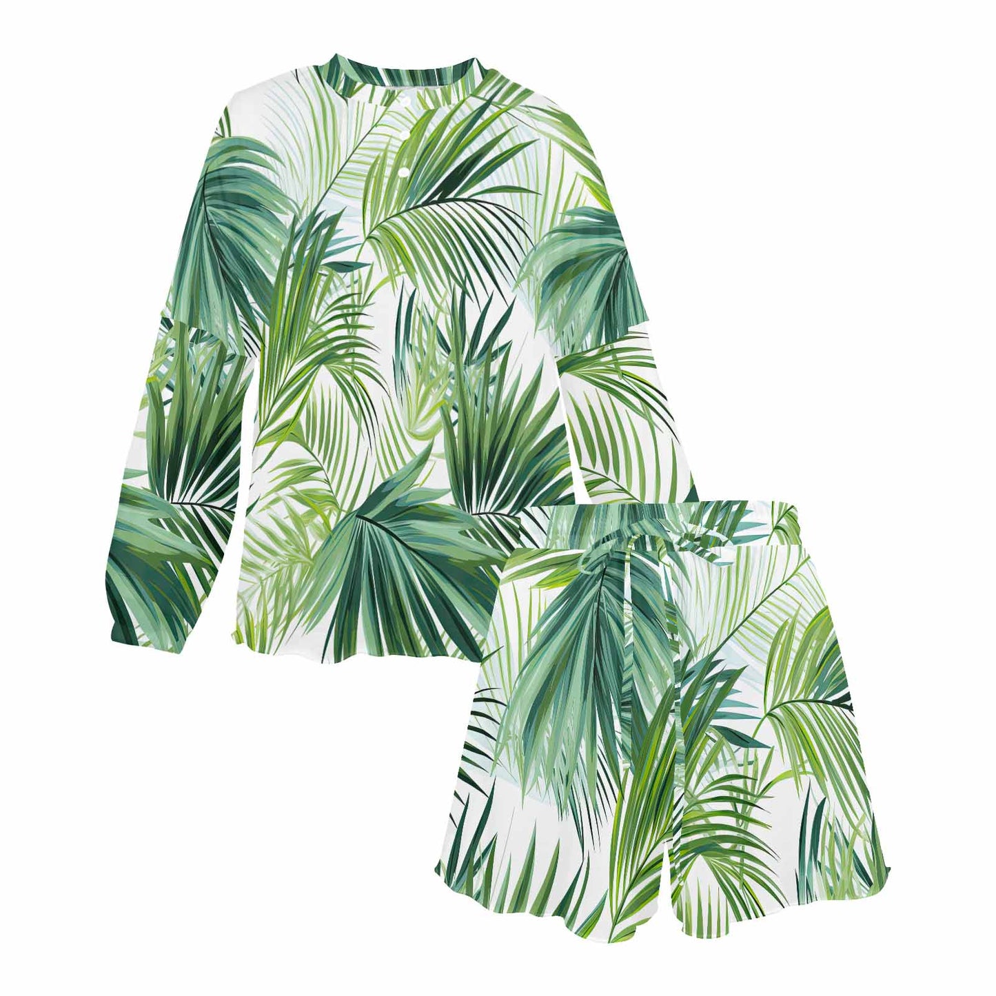 Green Palm Leaves  Women's Long Sleeve Pajama Set with Shorts